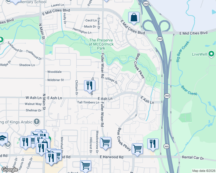 map of restaurants, bars, coffee shops, grocery stores, and more near 601 East Ash Lane in Euless