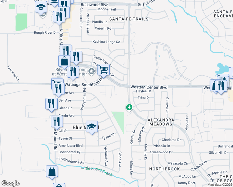 map of restaurants, bars, coffee shops, grocery stores, and more near 1942 Watauga Smithfield Road in Fort Worth