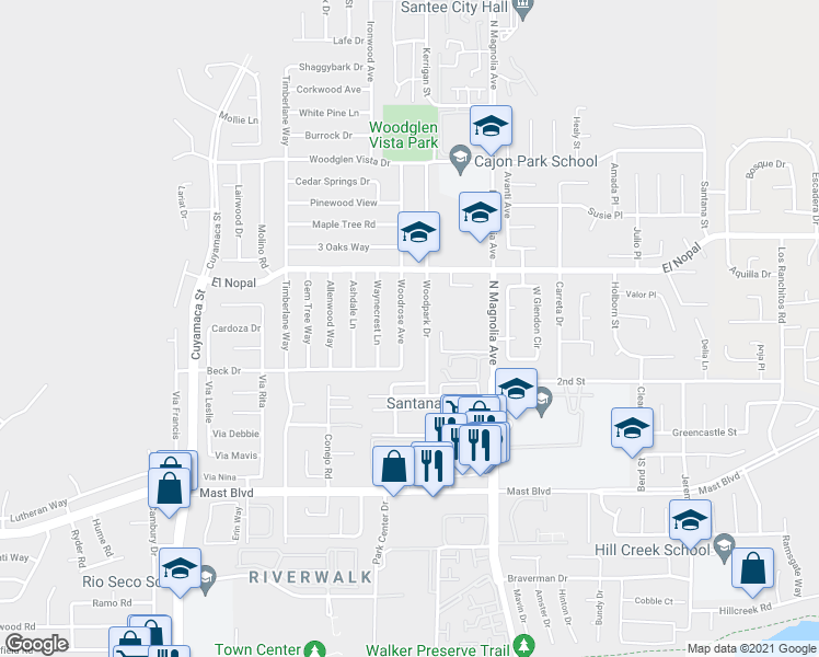 map of restaurants, bars, coffee shops, grocery stores, and more near 10047 Woodrose Avenue in Santee