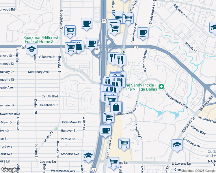 map of restaurants, bars, coffee shops, grocery stores, and more near 8080 North Central Expressway in Dallas
