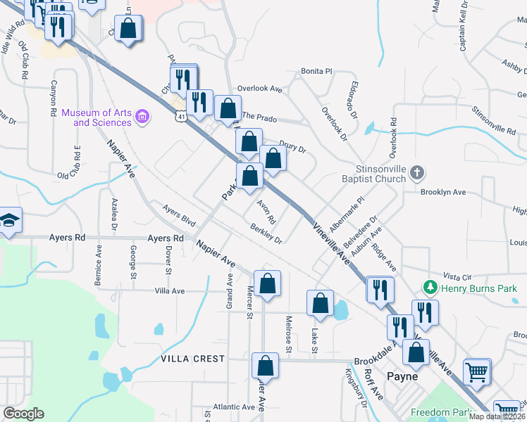 map of restaurants, bars, coffee shops, grocery stores, and more near 3764 Avon Road in Macon