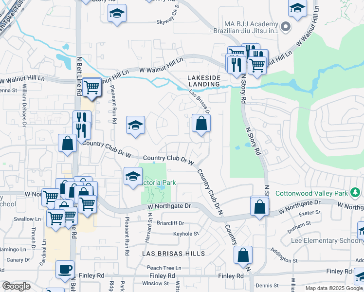 map of restaurants, bars, coffee shops, grocery stores, and more near 2602 Encina Drive in Irving