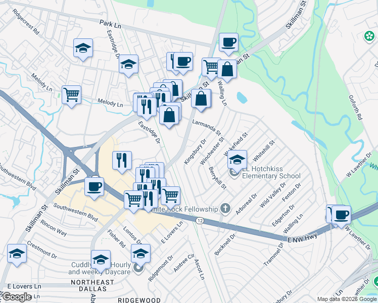 map of restaurants, bars, coffee shops, grocery stores, and more near 6838 Kingsbury Drive in Dallas