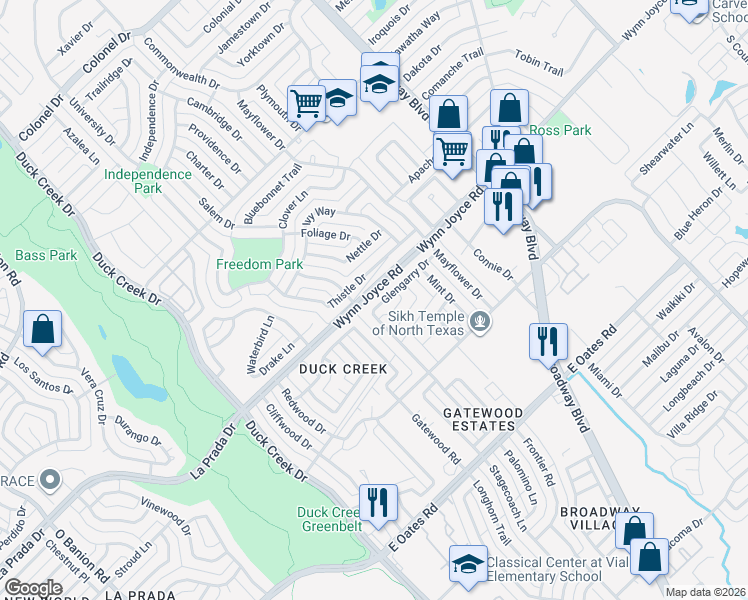 map of restaurants, bars, coffee shops, grocery stores, and more near 413 Glengarry Drive in Garland