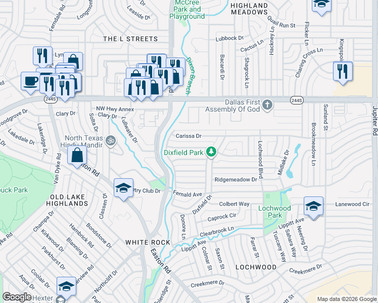 map of restaurants, bars, coffee shops, grocery stores, and more near 10850 Yorksprings Drive in Dallas