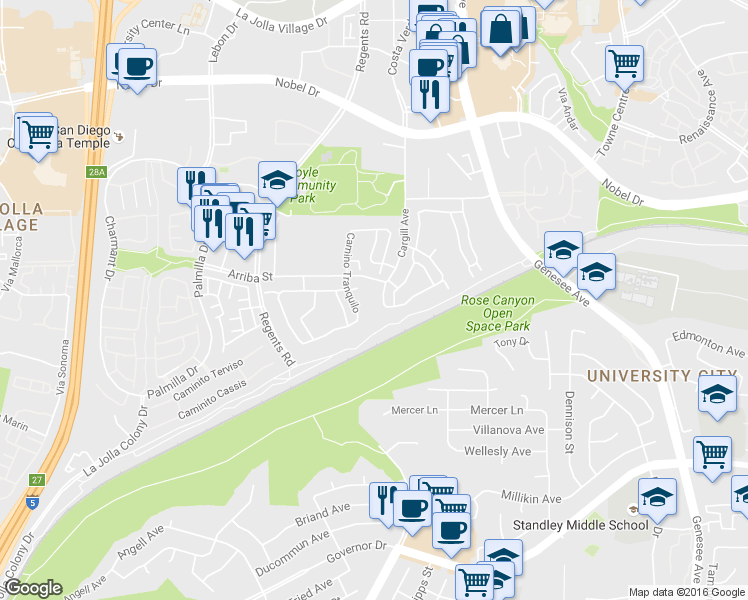 map of restaurants, bars, coffee shops, grocery stores, and more near 7789 Camino Glorita in San Diego