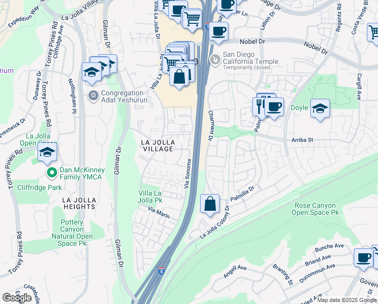 map of restaurants, bars, coffee shops, grocery stores, and more near 8492 Via Sonoma in San Diego