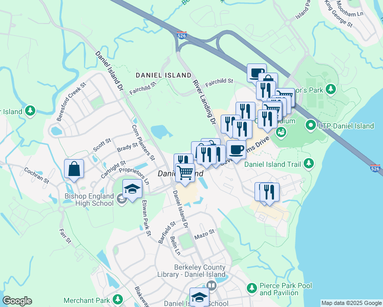 map of restaurants, bars, coffee shops, grocery stores, and more near 400 Bucksley Lane in Charleston