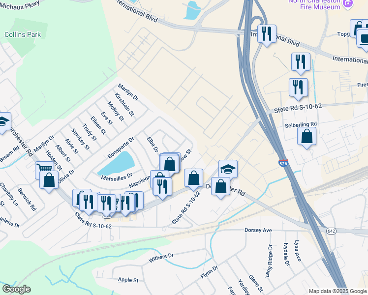 map of restaurants, bars, coffee shops, grocery stores, and more near 5074 Westview Street in North Charleston