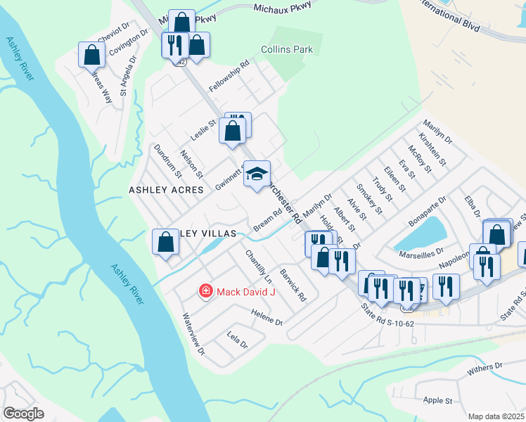 map of restaurants, bars, coffee shops, grocery stores, and more near 4316 Purdue Drive in North Charleston