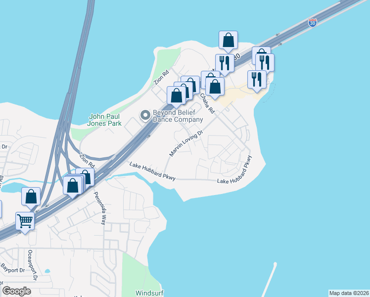 map of restaurants, bars, coffee shops, grocery stores, and more near 5814 Marvin Loving Drive in Garland