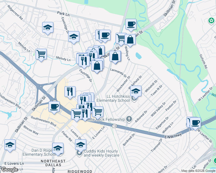 map of restaurants, bars, coffee shops, grocery stores, and more near 6838 Kingsbury Drive in Dallas