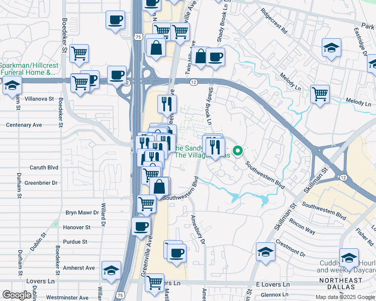 map of restaurants, bars, coffee shops, grocery stores, and more near 5732 Caruth Haven Lane in Dallas