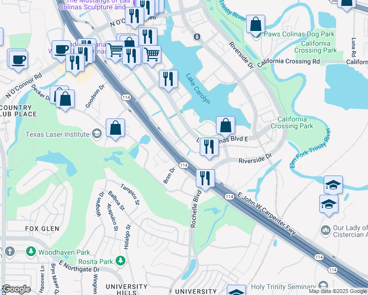 map of restaurants, bars, coffee shops, grocery stores, and more near 511 East John Carpenter Freeway in Irving