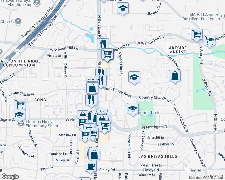 map of restaurants, bars, coffee shops, grocery stores, and more near 3214 Country Club Drive West in Irving