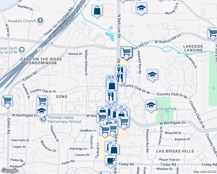 map of restaurants, bars, coffee shops, grocery stores, and more near 3414 Country Club Drive West in Irving