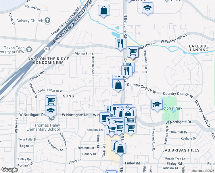 map of restaurants, bars, coffee shops, grocery stores, and more near 3428 Country Club Drive West in Irving