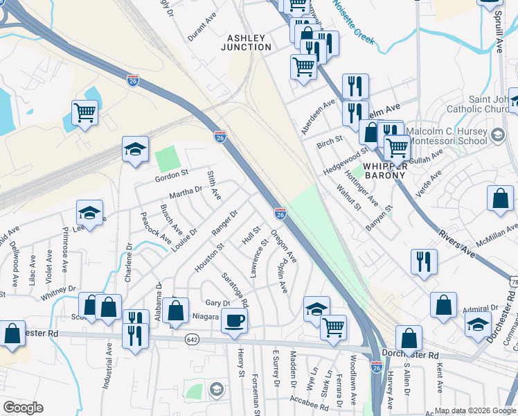 map of restaurants, bars, coffee shops, grocery stores, and more near 2607 Oregon Avenue in North Charleston