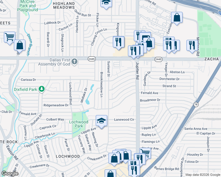 map of restaurants, bars, coffee shops, grocery stores, and more near 11211 Dalron Drive in Dallas