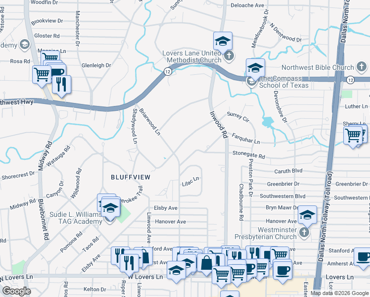 map of restaurants, bars, coffee shops, grocery stores, and more near 5022 Shadywood Lane in Dallas