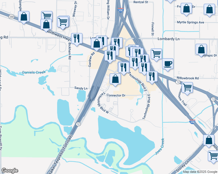 map of restaurants, bars, coffee shops, grocery stores, and more near 9994 Technology Boulevard West in Dallas