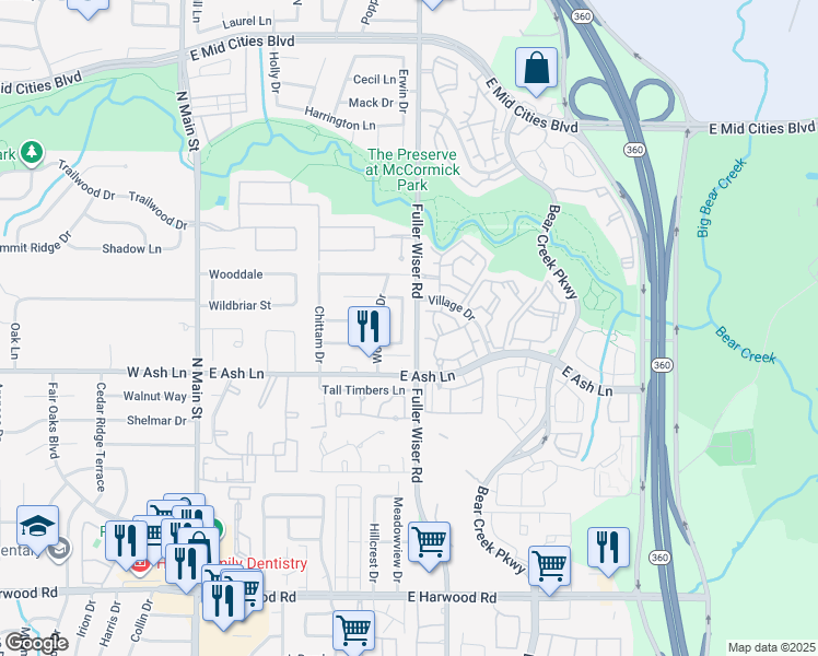 map of restaurants, bars, coffee shops, grocery stores, and more near 1704 Acorn Drive in Euless
