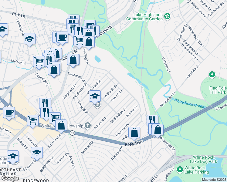 map of restaurants, bars, coffee shops, grocery stores, and more near 7048 Whitehill Street in Dallas