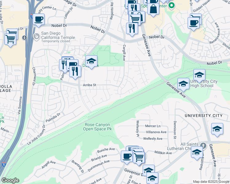 map of restaurants, bars, coffee shops, grocery stores, and more near 7789 Camino Glorita in San Diego