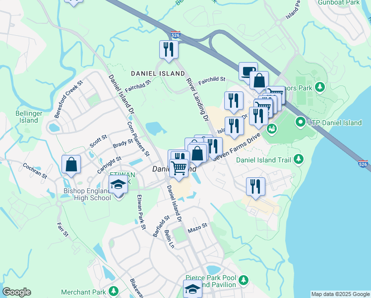 map of restaurants, bars, coffee shops, grocery stores, and more near 400 Bucksley Lane in Charleston