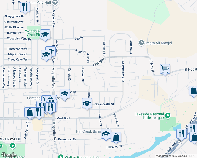 map of restaurants, bars, coffee shops, grocery stores, and more near 10772 Valor Place in Santee