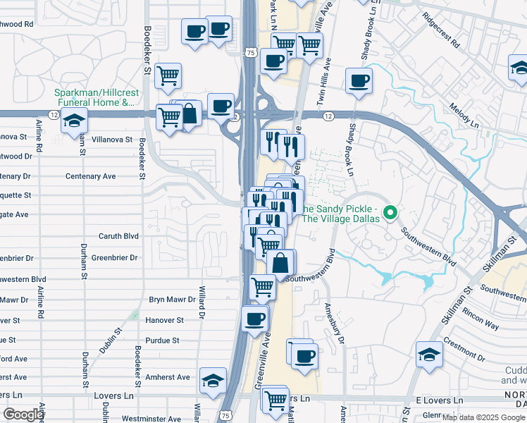 map of restaurants, bars, coffee shops, grocery stores, and more near 8080 North Central Expressway in Dallas