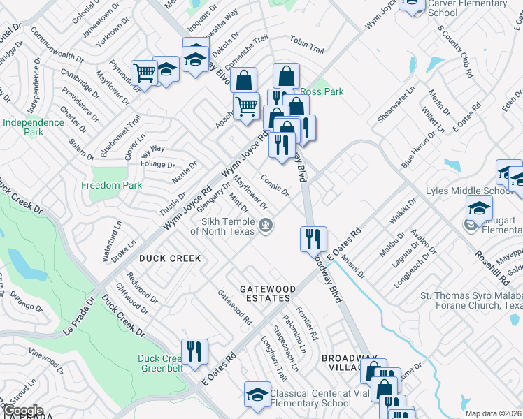 map of restaurants, bars, coffee shops, grocery stores, and more near 4417 Mayflower Drive in Garland