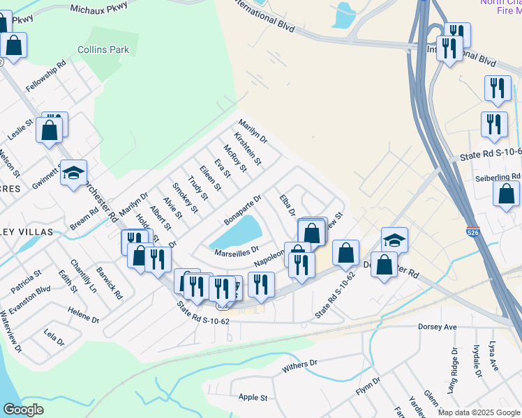 map of restaurants, bars, coffee shops, grocery stores, and more near 5210 Scarsdale Avenue in North Charleston