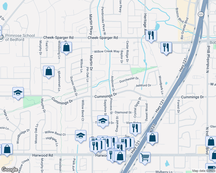map of restaurants, bars, coffee shops, grocery stores, and more near 3409 Derby Circle in Bedford