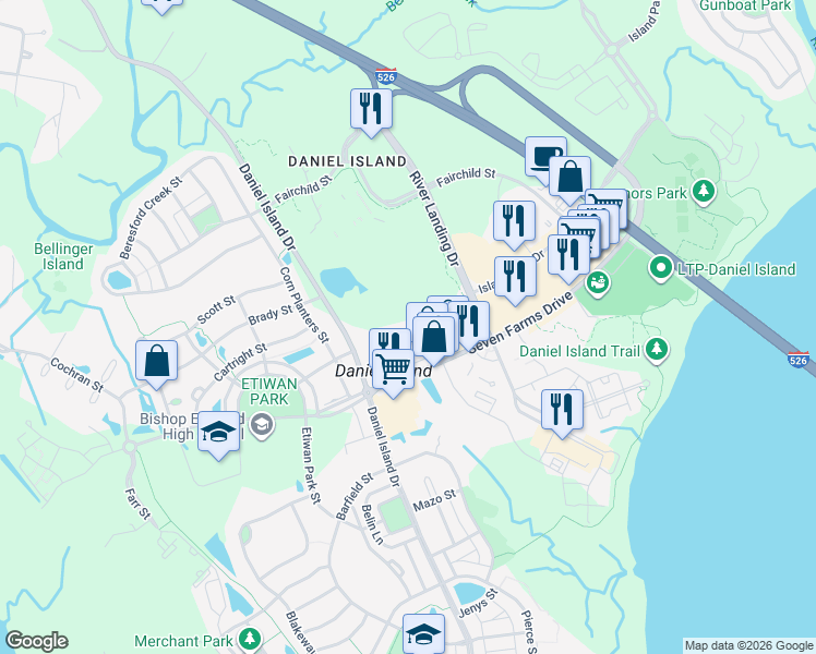 map of restaurants, bars, coffee shops, grocery stores, and more near 400 Bucksley Lane in Charleston