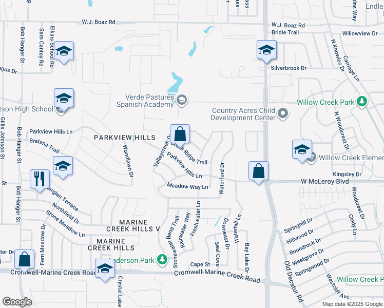 map of restaurants, bars, coffee shops, grocery stores, and more near 4924 Creek Ridge Trail in Fort Worth