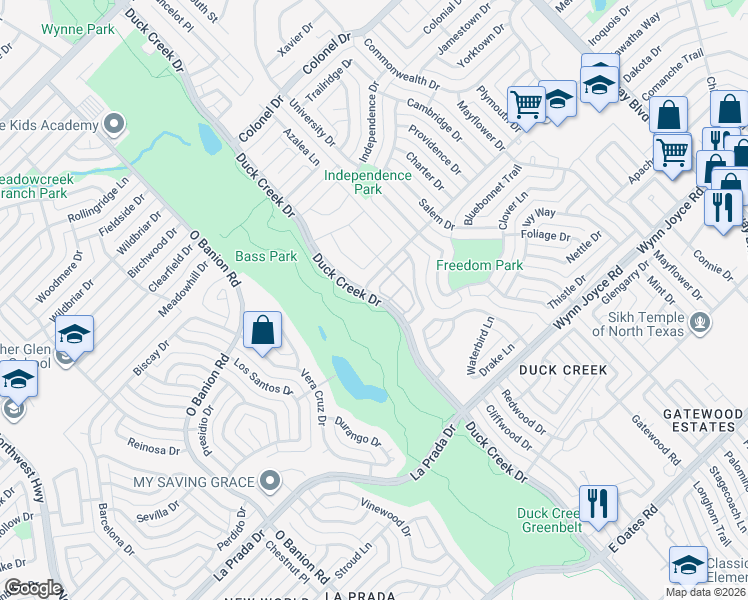 map of restaurants, bars, coffee shops, grocery stores, and more near 4323 Duck Creek Drive in Garland