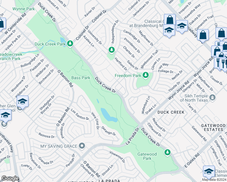 map of restaurants, bars, coffee shops, grocery stores, and more near 4323 Duck Creek Drive in Garland