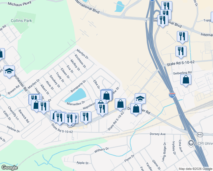 map of restaurants, bars, coffee shops, grocery stores, and more near 5104 Southside Drive in North Charleston