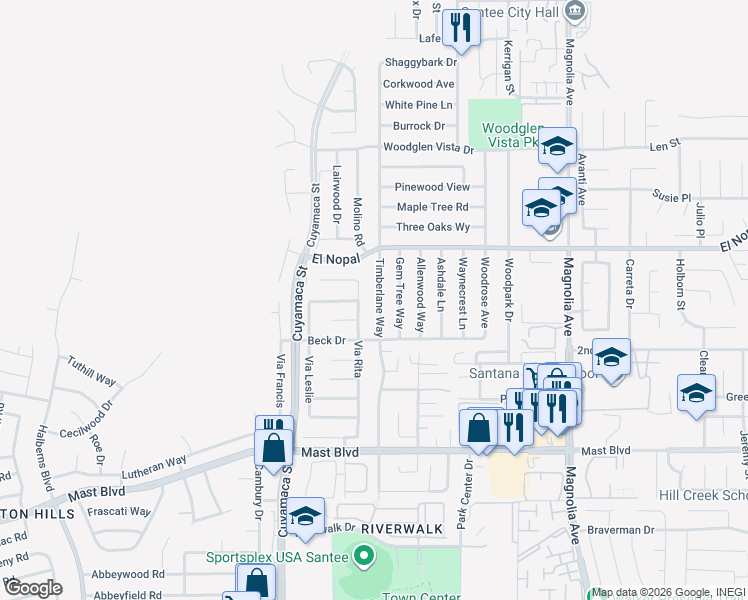 map of restaurants, bars, coffee shops, grocery stores, and more near 10047 Timberlane Way in Santee
