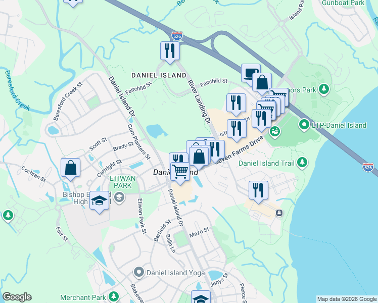 map of restaurants, bars, coffee shops, grocery stores, and more near 400 Bucksley Lane in Charleston