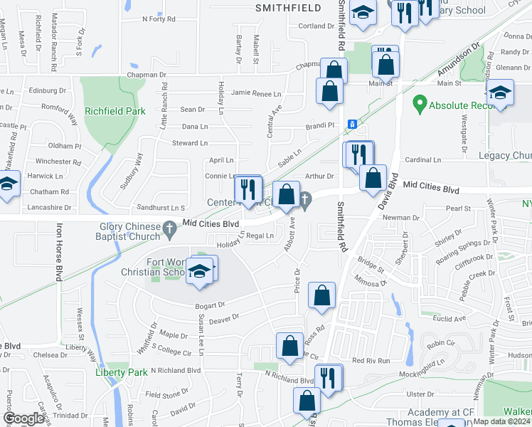 map of restaurants, bars, coffee shops, grocery stores, and more near 7632 Resting Mews in North Richland Hills