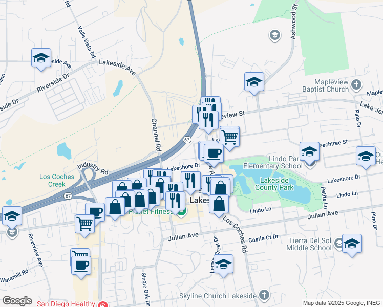 map of restaurants, bars, coffee shops, grocery stores, and more near 10026 River Street in Lakeside