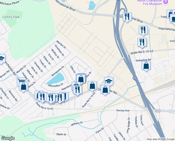 map of restaurants, bars, coffee shops, grocery stores, and more near 5074 Westview Street in North Charleston