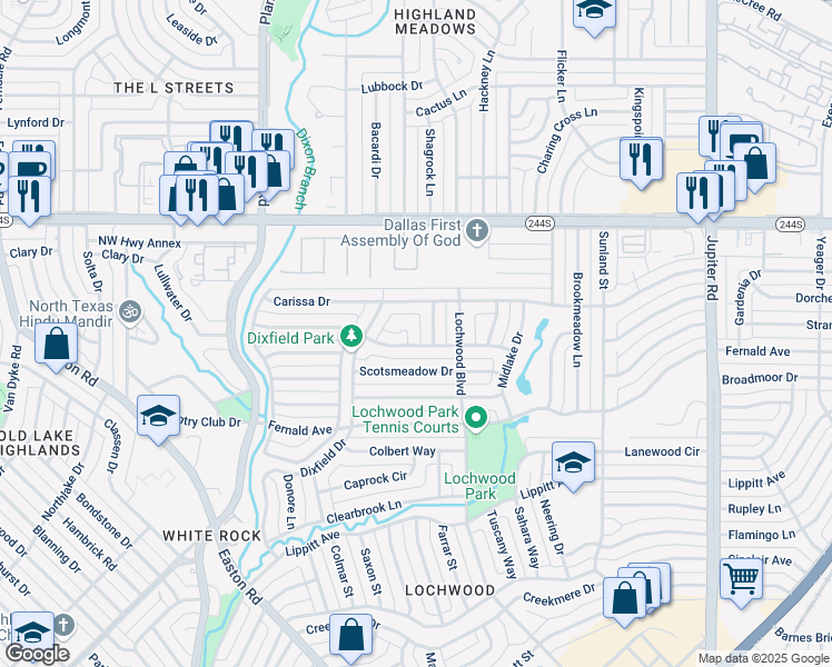 map of restaurants, bars, coffee shops, grocery stores, and more near 10973 Yorksprings Place in Dallas