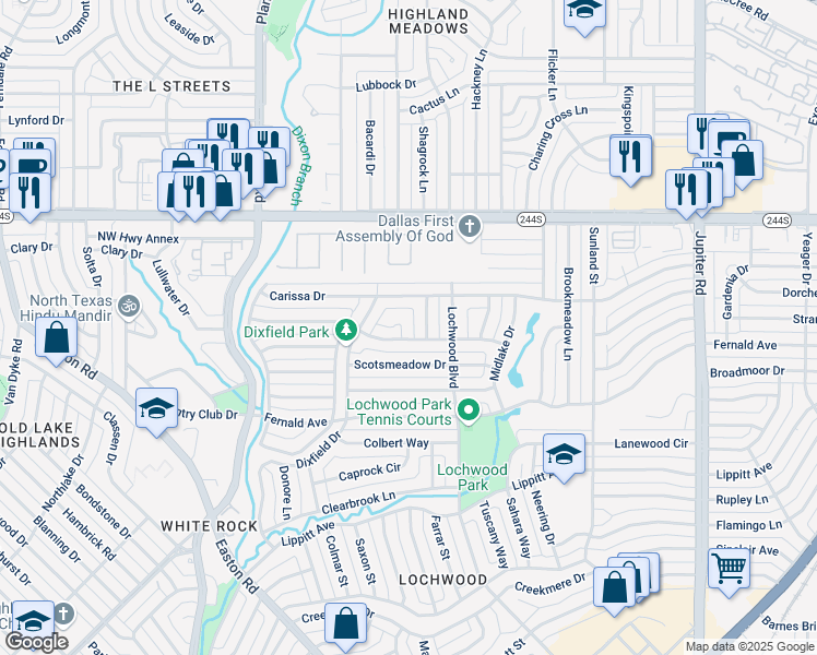 map of restaurants, bars, coffee shops, grocery stores, and more near 10973 Yorksprings Place in Dallas