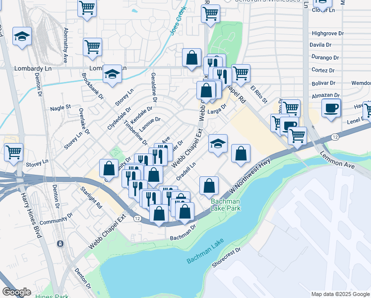 map of restaurants, bars, coffee shops, grocery stores, and more near 3232 Sumter Drive in Dallas