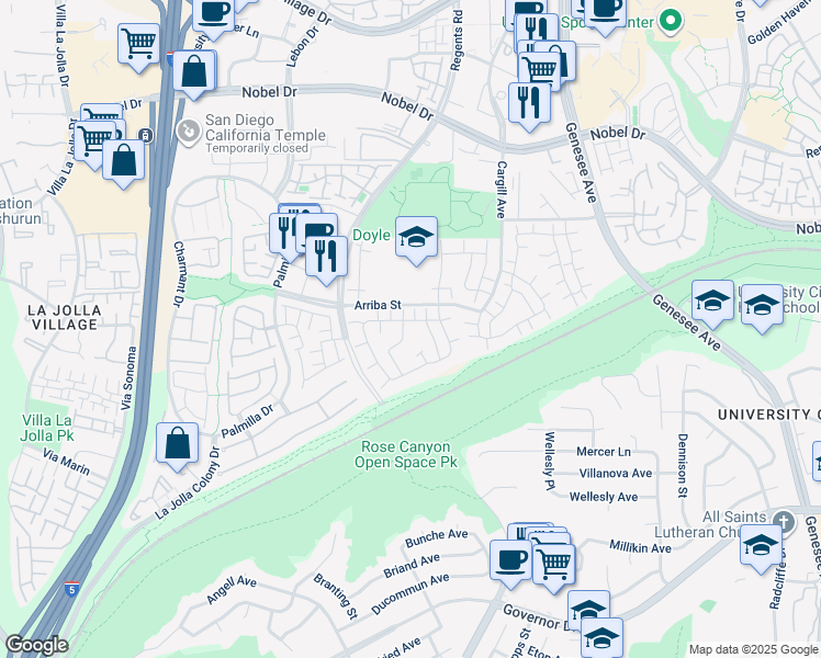 map of restaurants, bars, coffee shops, grocery stores, and more near 7826 Camino Noguera in San Diego