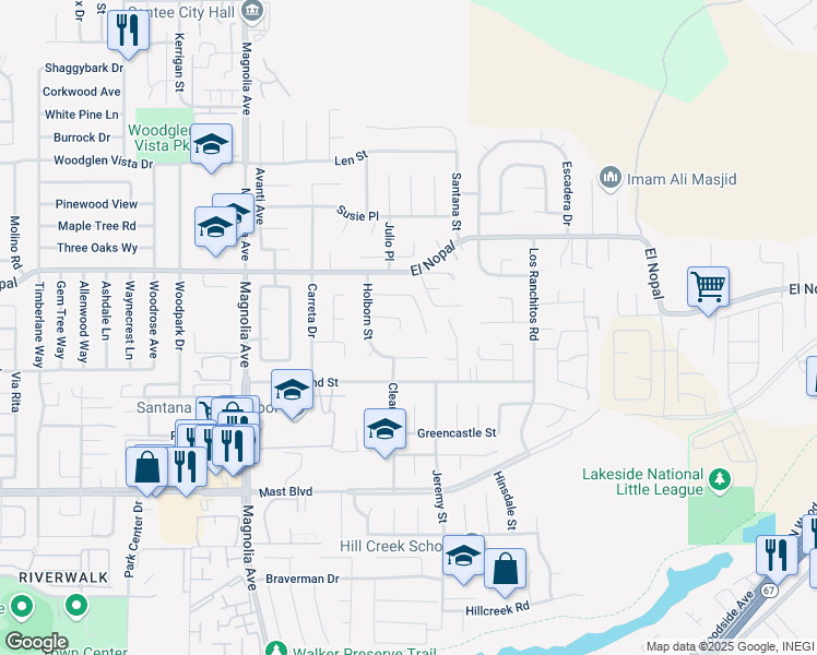 map of restaurants, bars, coffee shops, grocery stores, and more near 10772 Valor Place in Santee