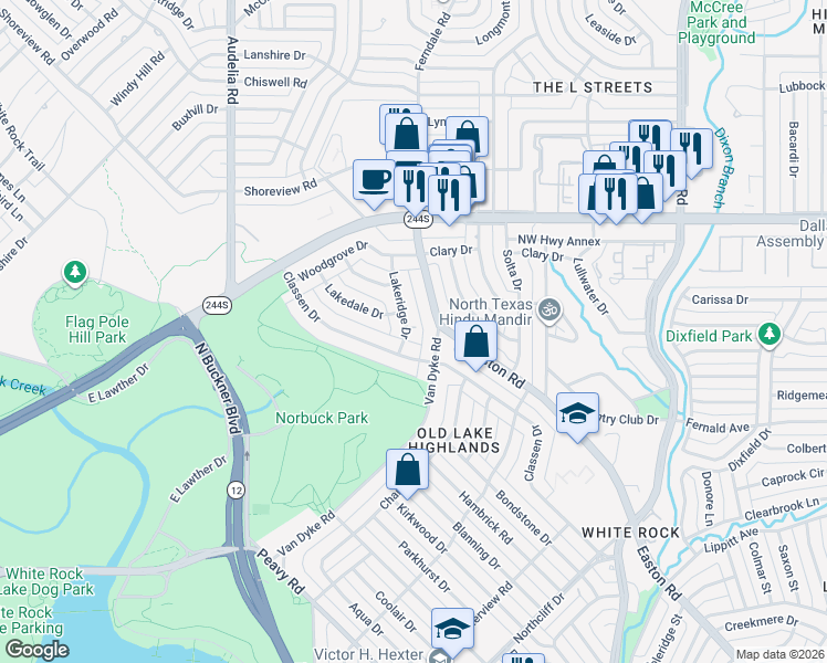 map of restaurants, bars, coffee shops, grocery stores, and more near 216 Lakeridge Drive in Dallas